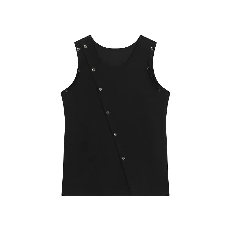 Summer Tight Fitting Vest Round Neck Sleeveless Men's Tank Top Personalized Button Shoulderless Fashion Solid Color 9C5330