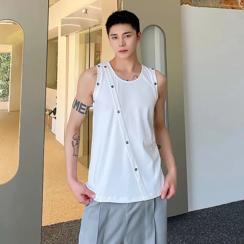 Summer Tight Fitting Vest Round Neck Sleeveless Men's Tank Top Personalized Button Shoulderless Fashion Solid Color 9C5330