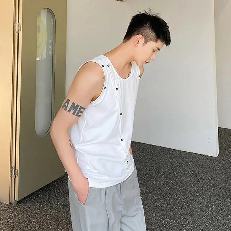 Summer Tight Fitting Vest Round Neck Sleeveless Men's Tank Top Personalized Button Shoulderless Fashion Solid Color 9C5330