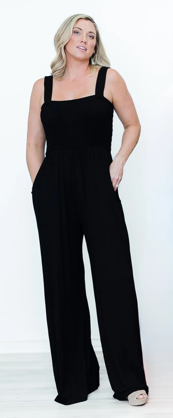 Tall Mallory Smocked Jumpsuit-Black