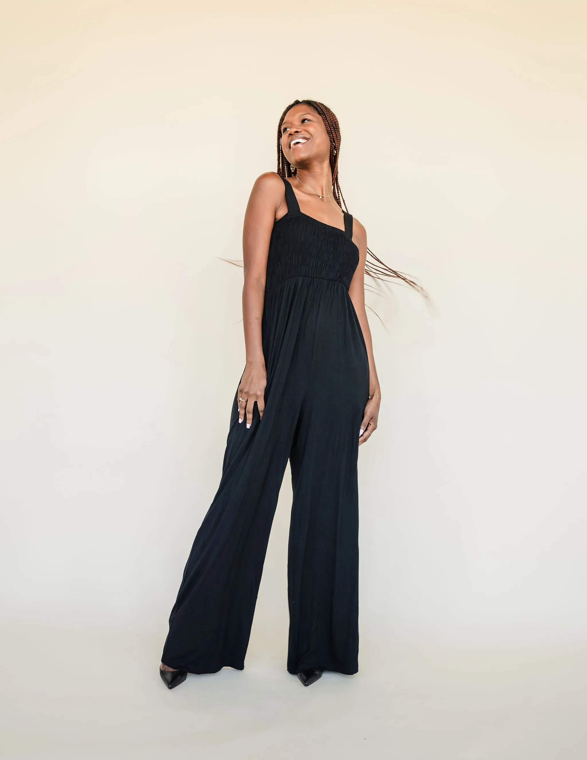 Tall Mallory Smocked Jumpsuit-Black