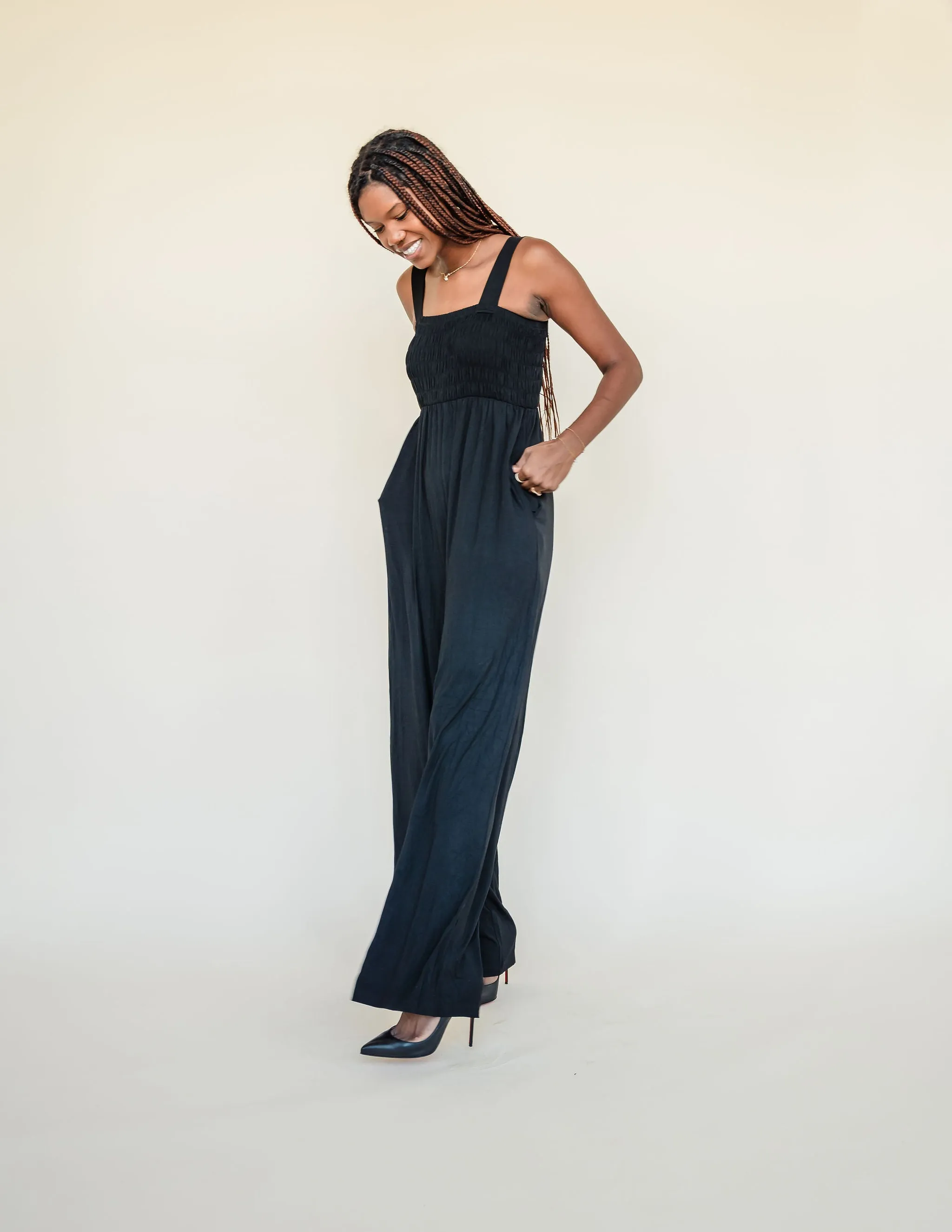 Tall Mallory Smocked Jumpsuit-Black