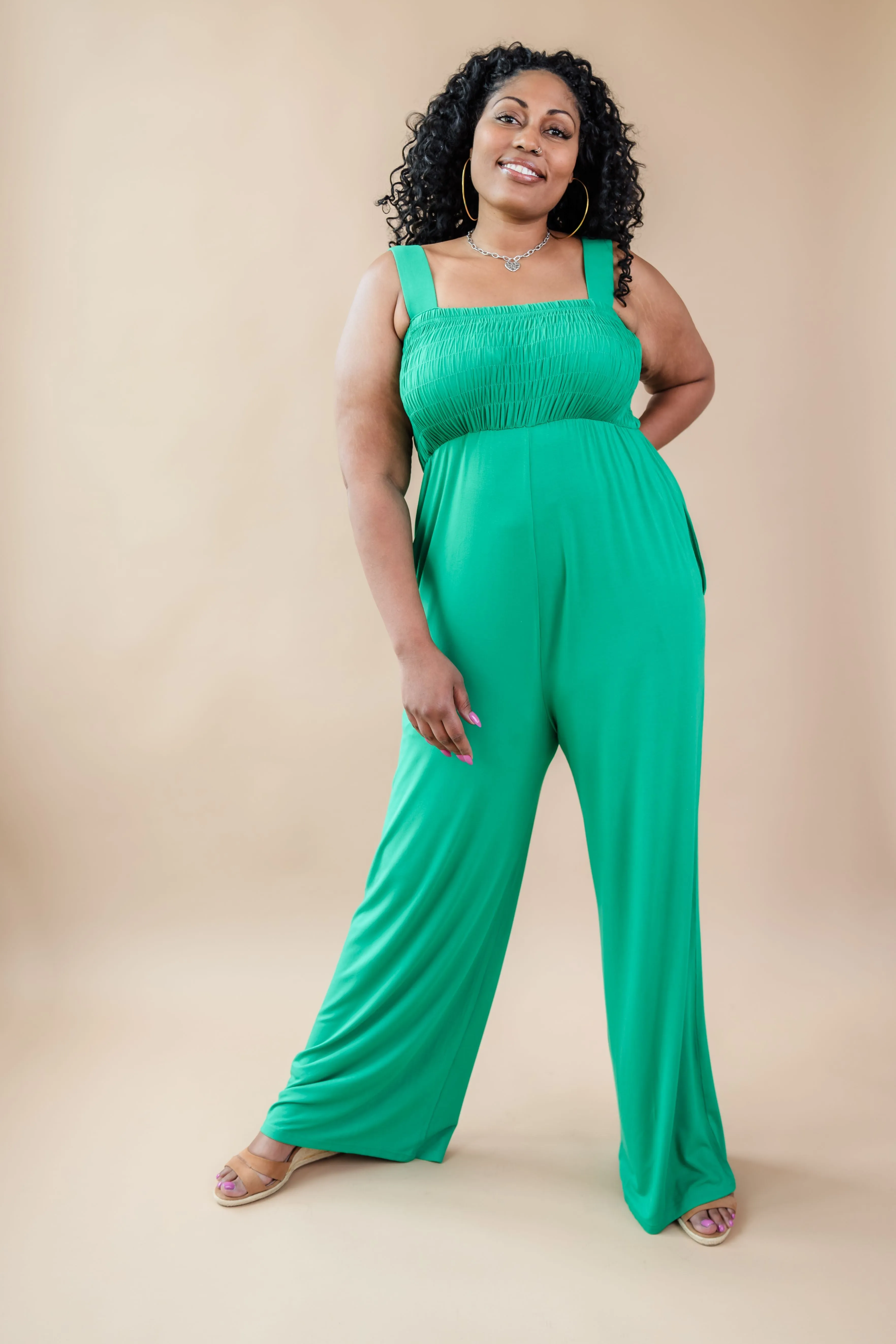 Tall Mallory Smocked Jumpsuit-Green