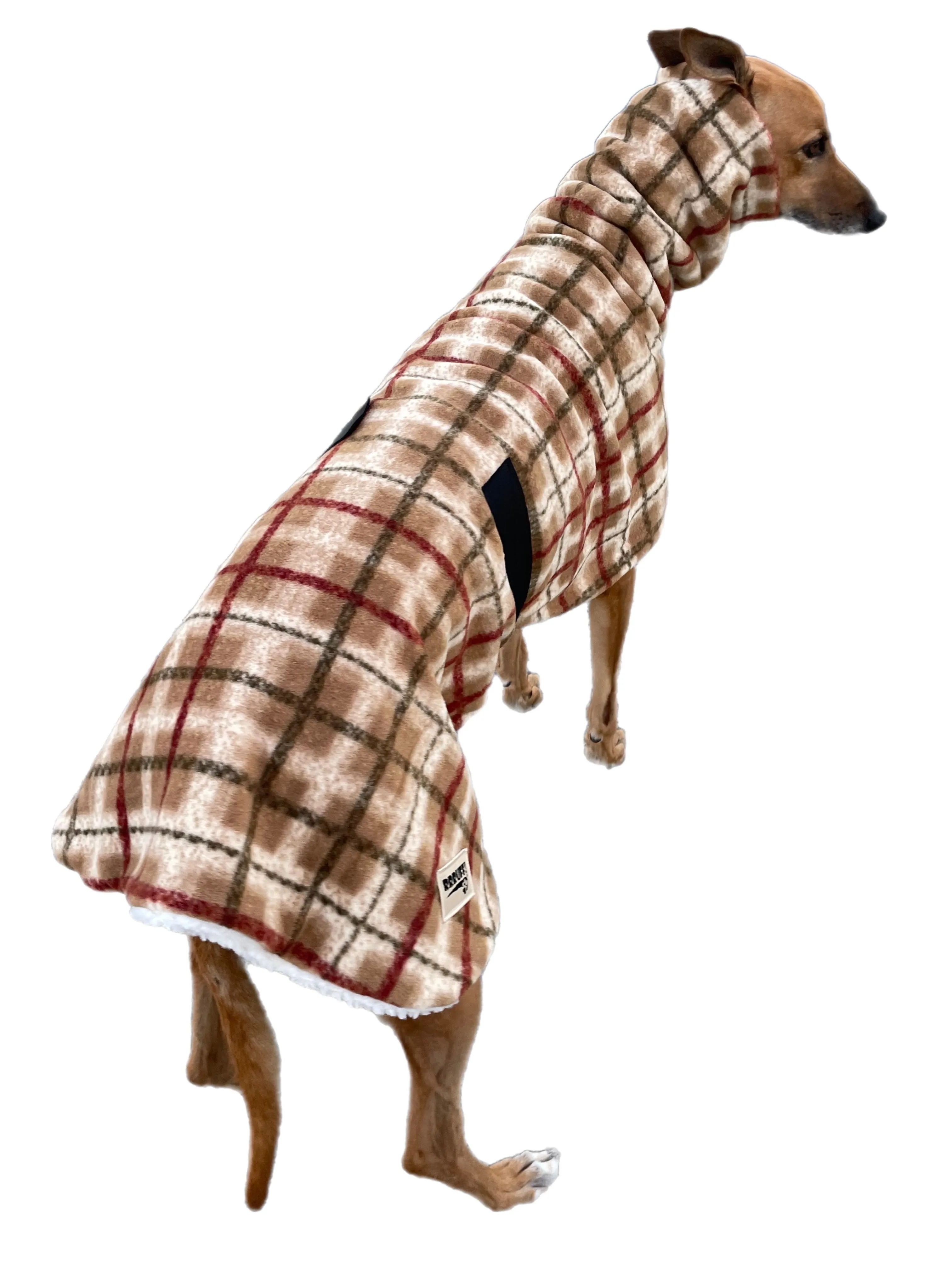 Tan Lumberjack Greyhound coat in deluxe style rug flanno check polar fleece washable extra wide neck