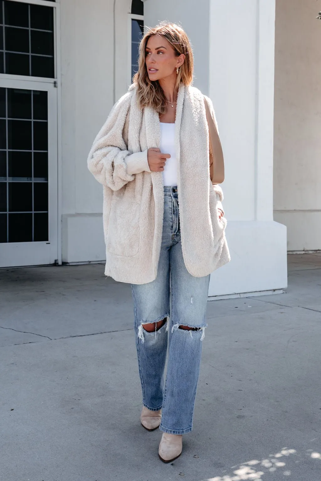 Teddy Fleece Hooded Cardigan - Cream