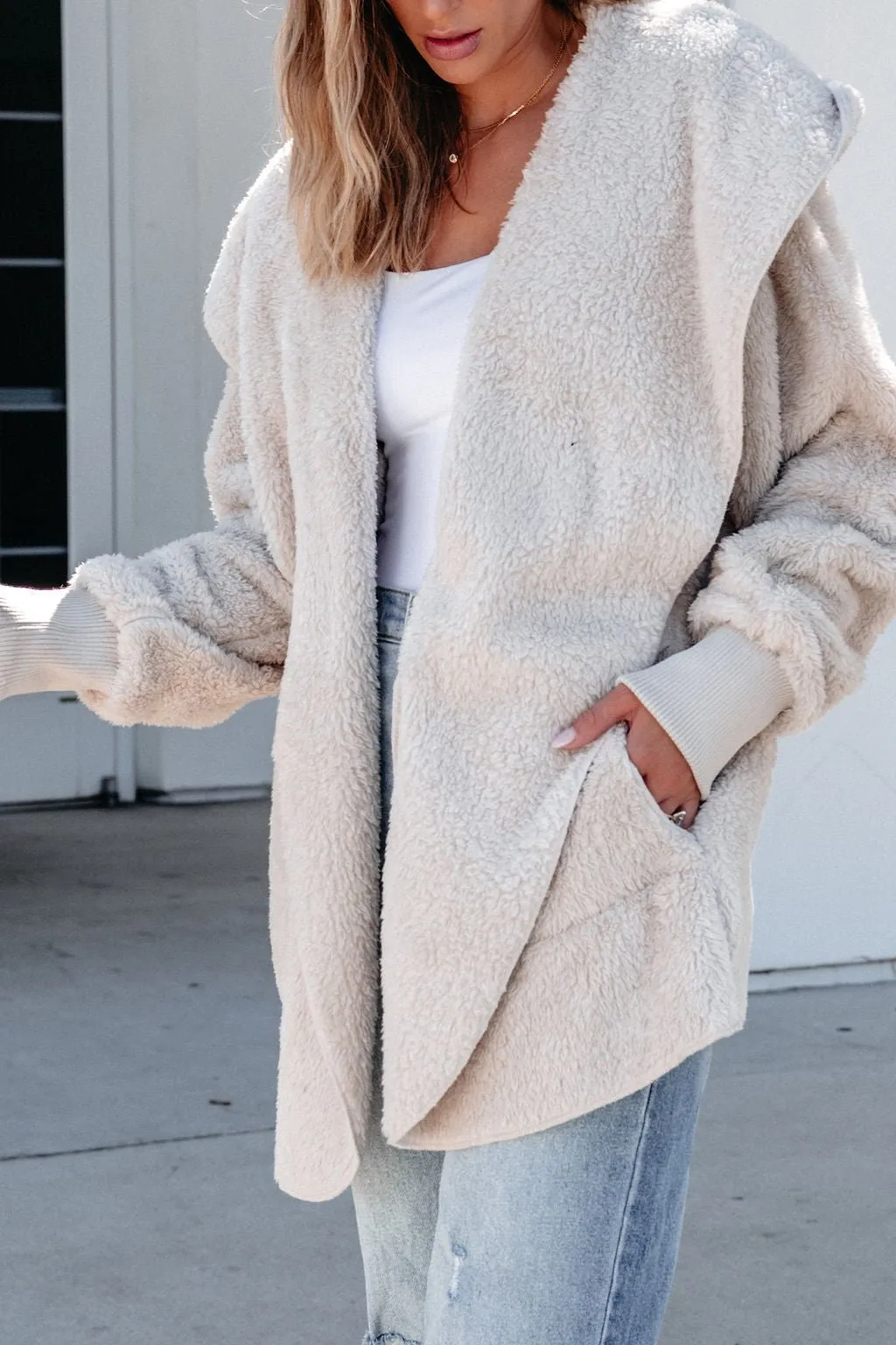 Teddy Fleece Hooded Cardigan - Cream