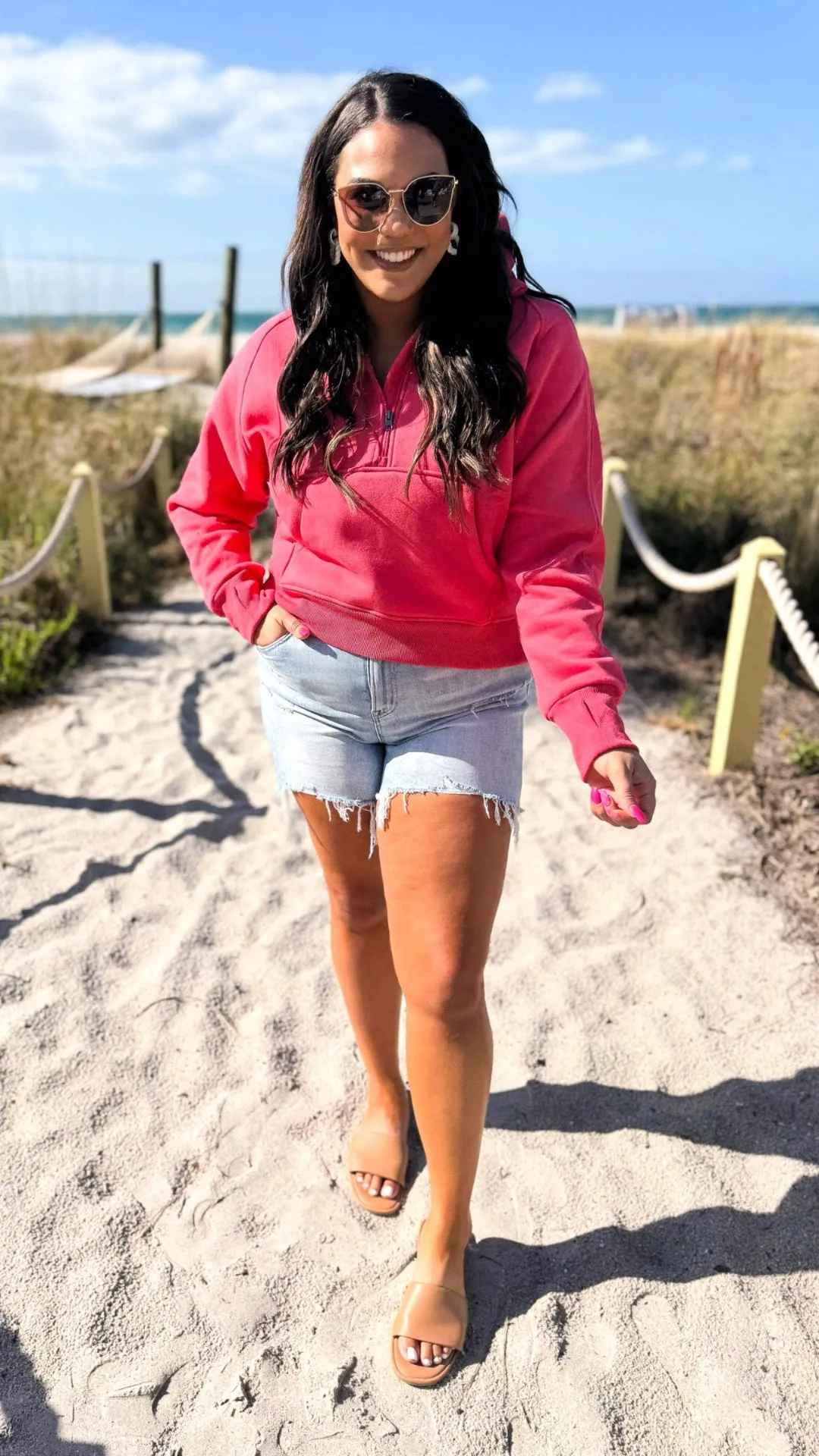 The Ava Bright Coral 1/2 Zip Mock Neck Sweatshirt by Salty Wave*