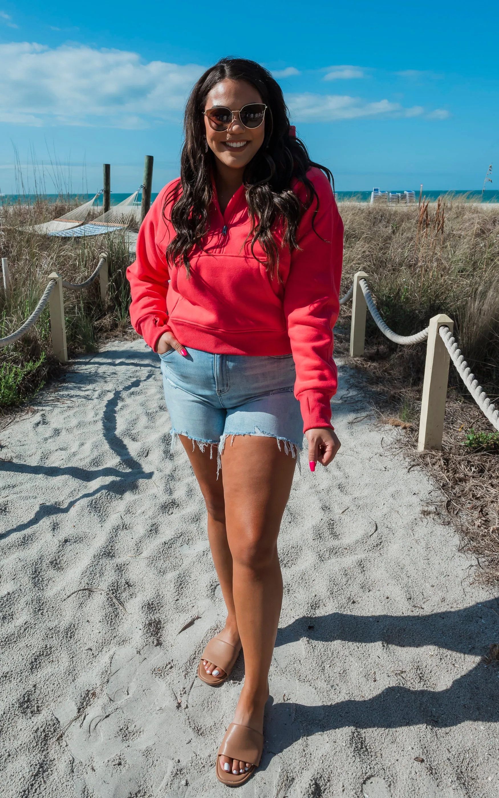 The Ava Bright Coral 1/2 Zip Mock Neck Sweatshirt by Salty Wave*