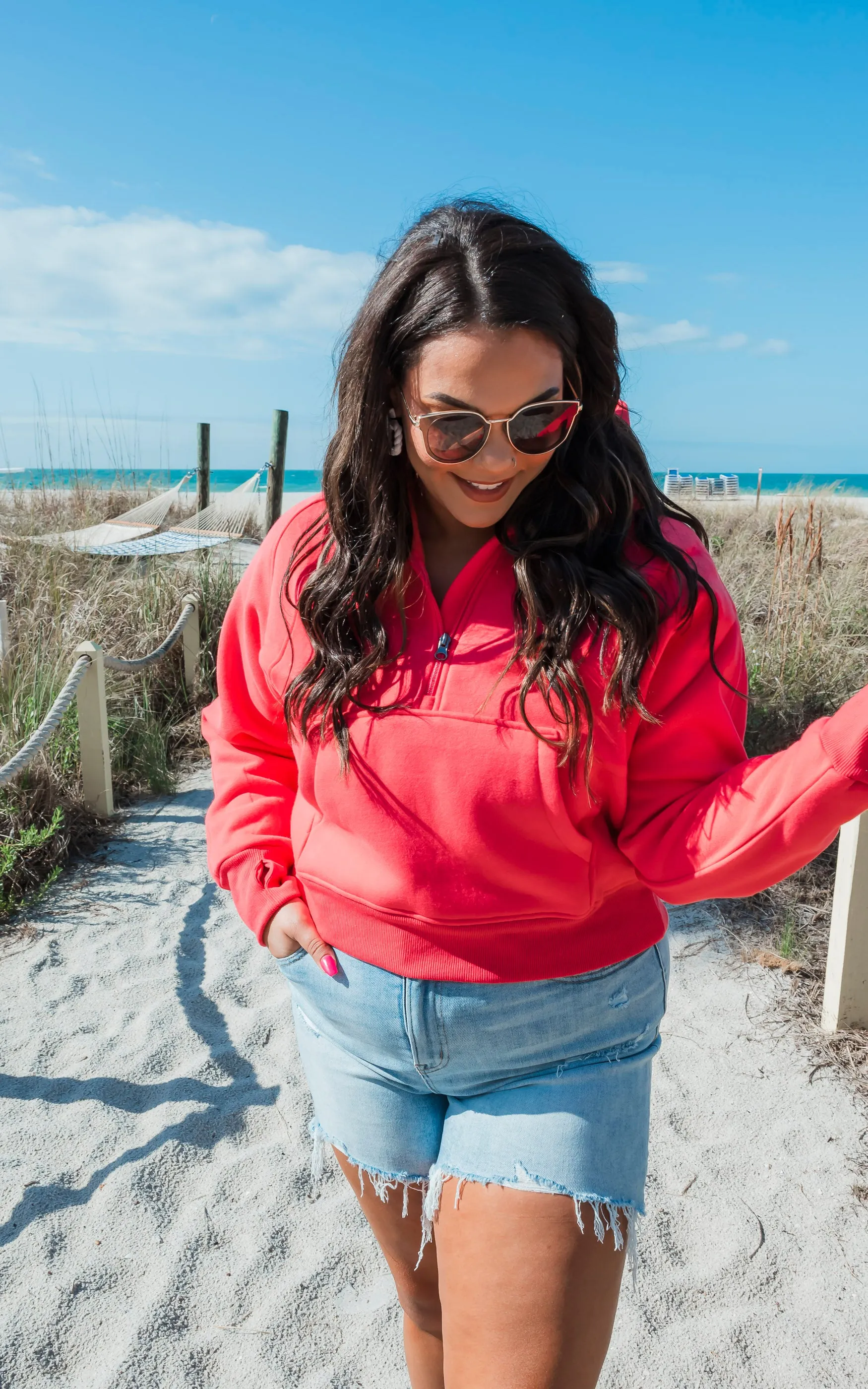 The Ava Bright Coral 1/2 Zip Mock Neck Sweatshirt by Salty Wave*