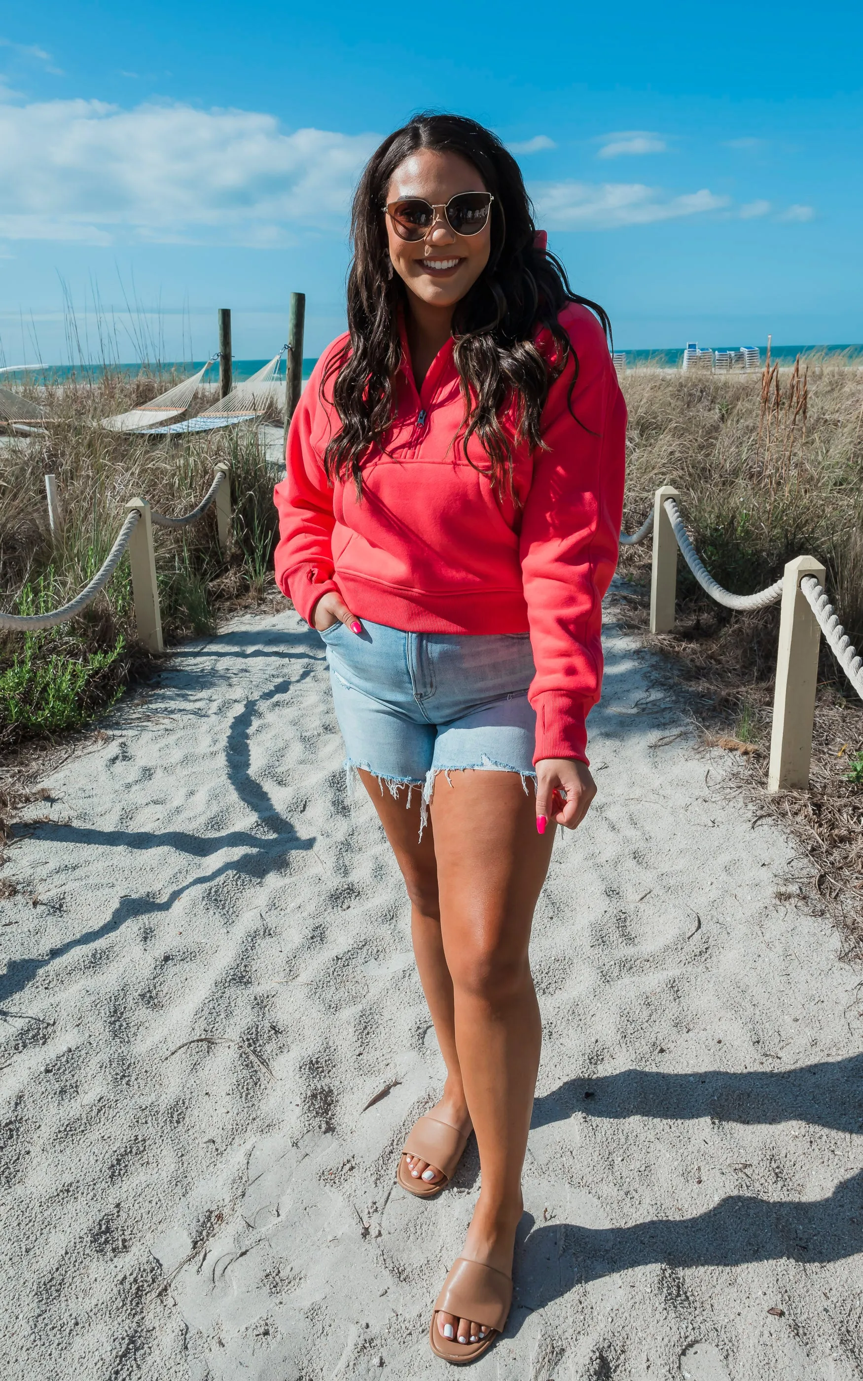 The Ava Bright Coral 1/2 Zip Mock Neck Sweatshirt by Salty Wave*