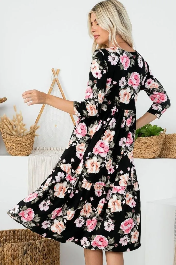 Tiered Midi Dress Style 286 in Black Floral