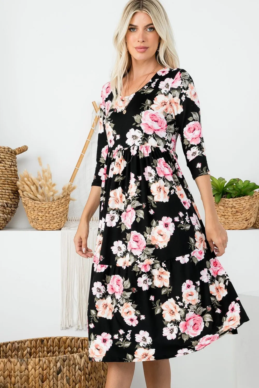 Tiered Midi Dress Style 286 in Black Floral