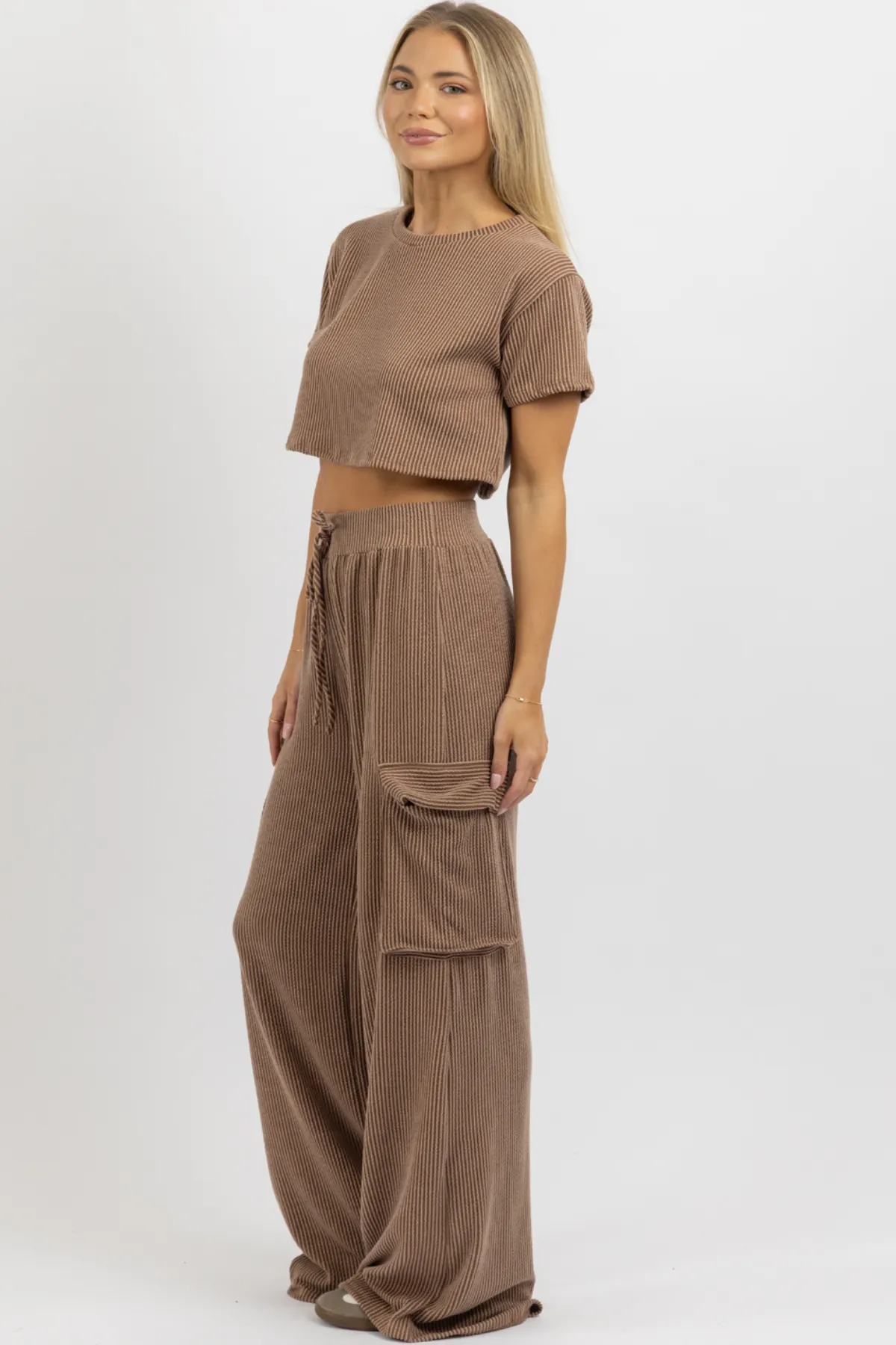 TOFFEE RIBBED CARGO PANT SET