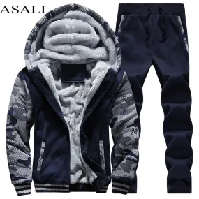 Tracksuit Men Sporting Fleece Thick Hooded Brand-Clothing Casual Track Suit Men Jacket Pant Warm Fur Inside Winter Sweatshirt