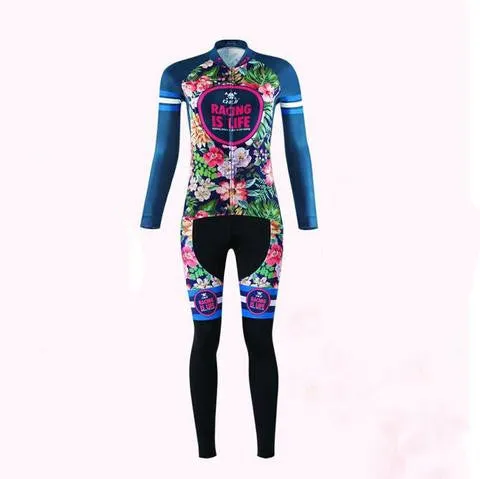 Tropical Flowers Long Sleeve Cycling Jersey Set   Gloves