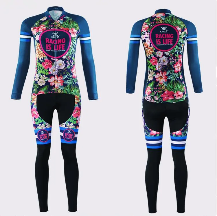 Tropical Flowers Long Sleeve Cycling Jersey Set   Gloves