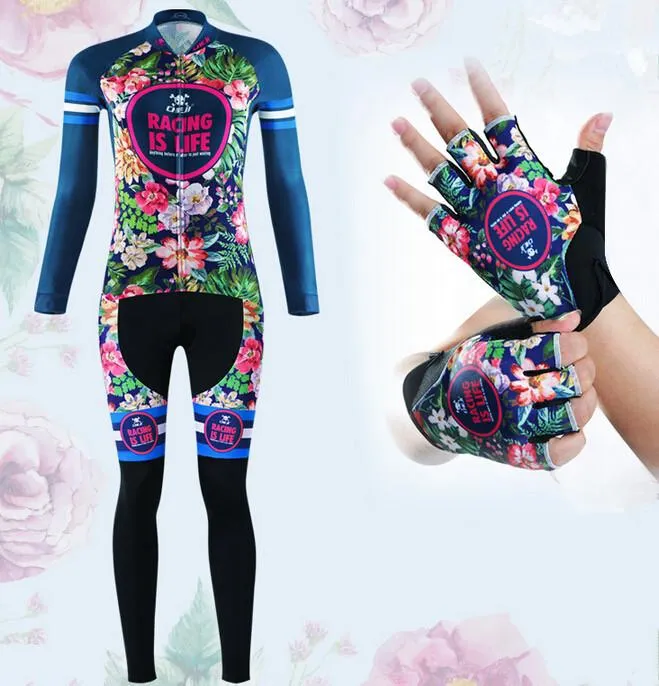 Tropical Flowers Long Sleeve Cycling Jersey Set   Gloves