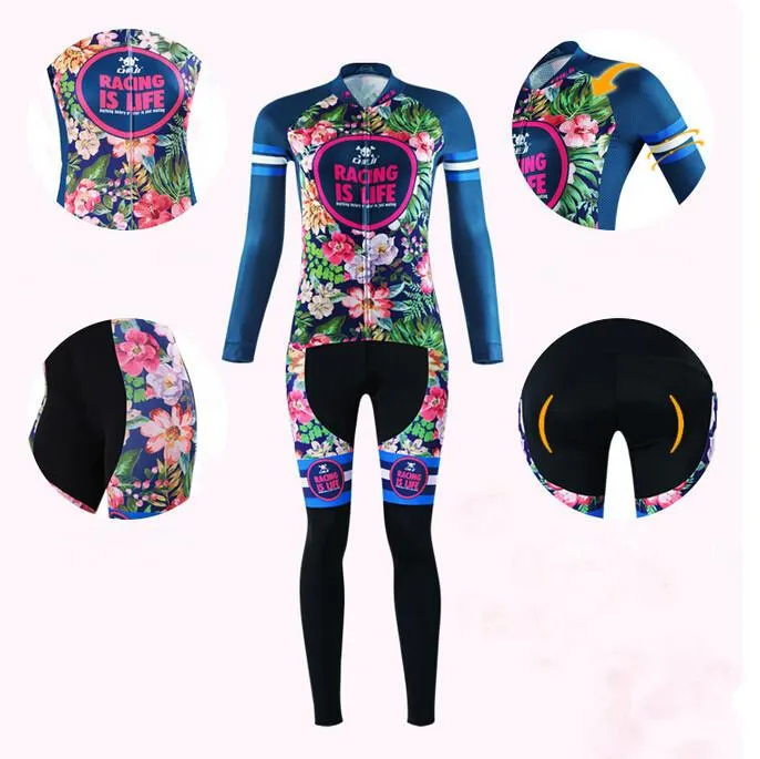 Tropical Flowers Long Sleeve Cycling Jersey Set   Gloves