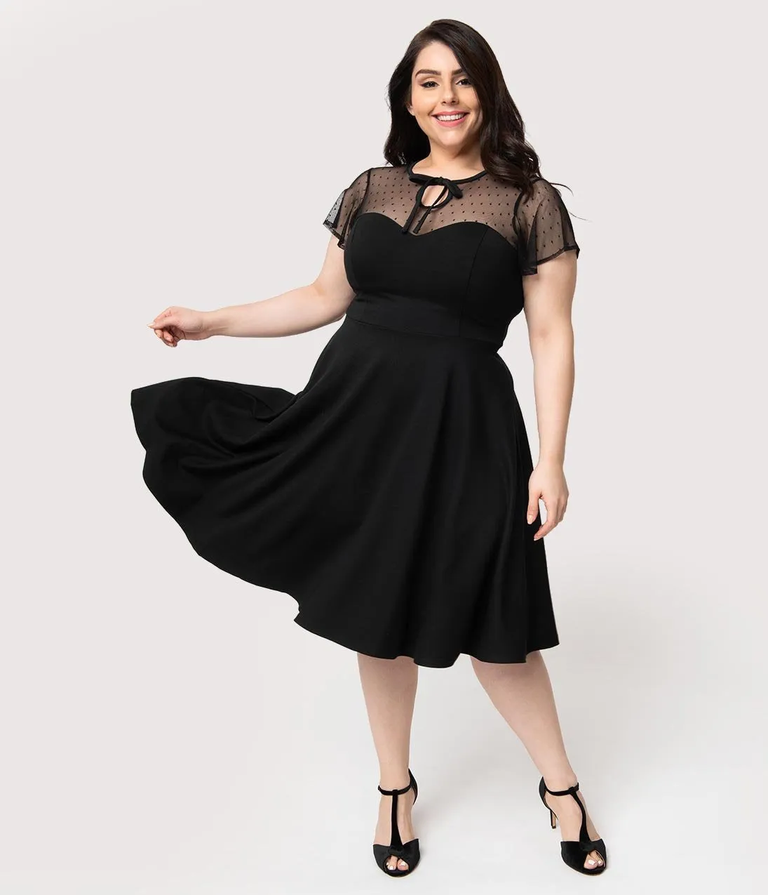 Unique Vintage Plus Size 1940s Style Black Swiss Dotted Mesh Heather Midi Dress