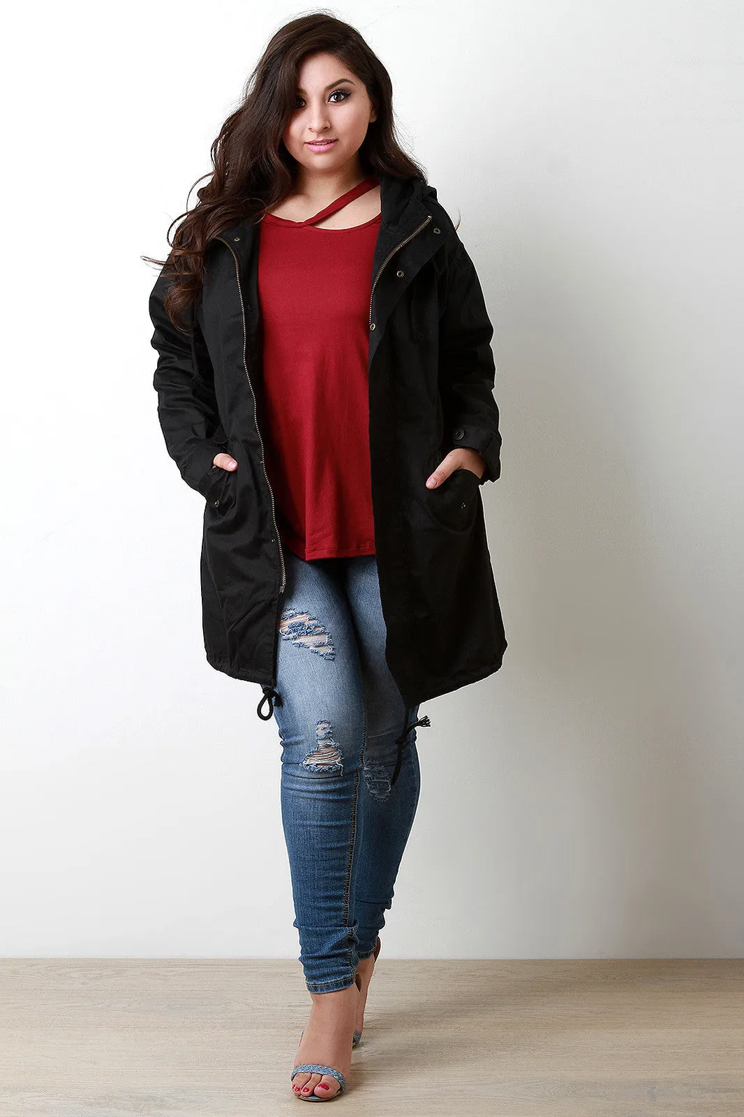 Utilitarian Drawstring Hem Hooded Longline Jacket