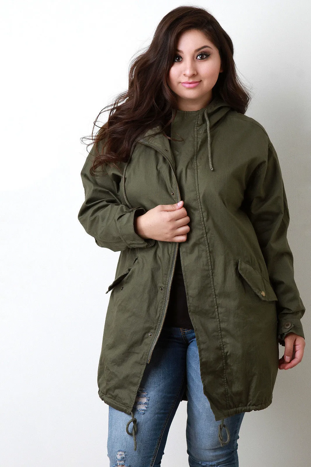 Utilitarian Drawstring Hem Hooded Longline Jacket