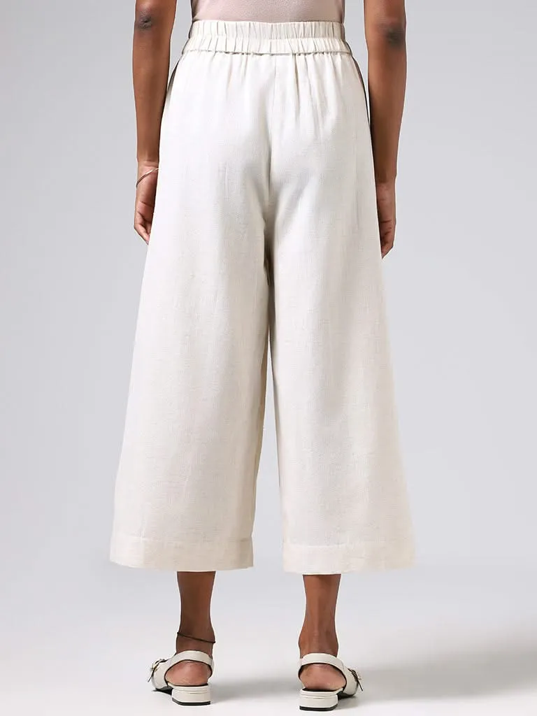 Utsa Solid Off White Cotton Blend Wide-Leg Pants