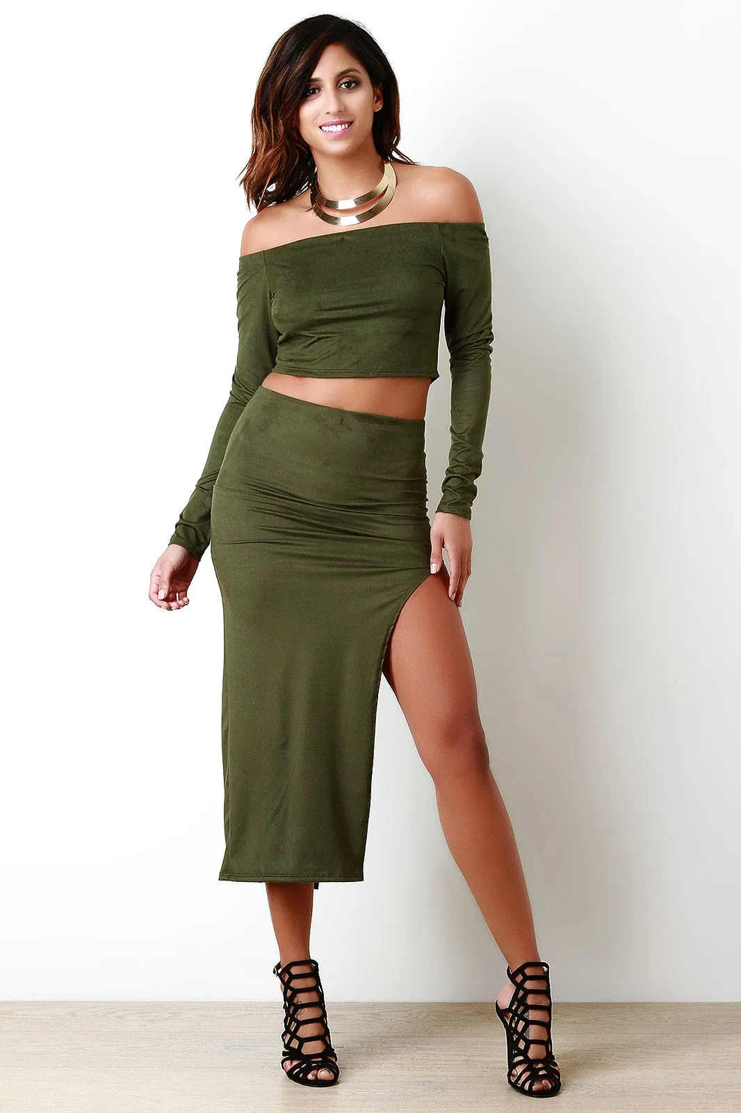 Vegan Suede Side Slit High Waist Skirt