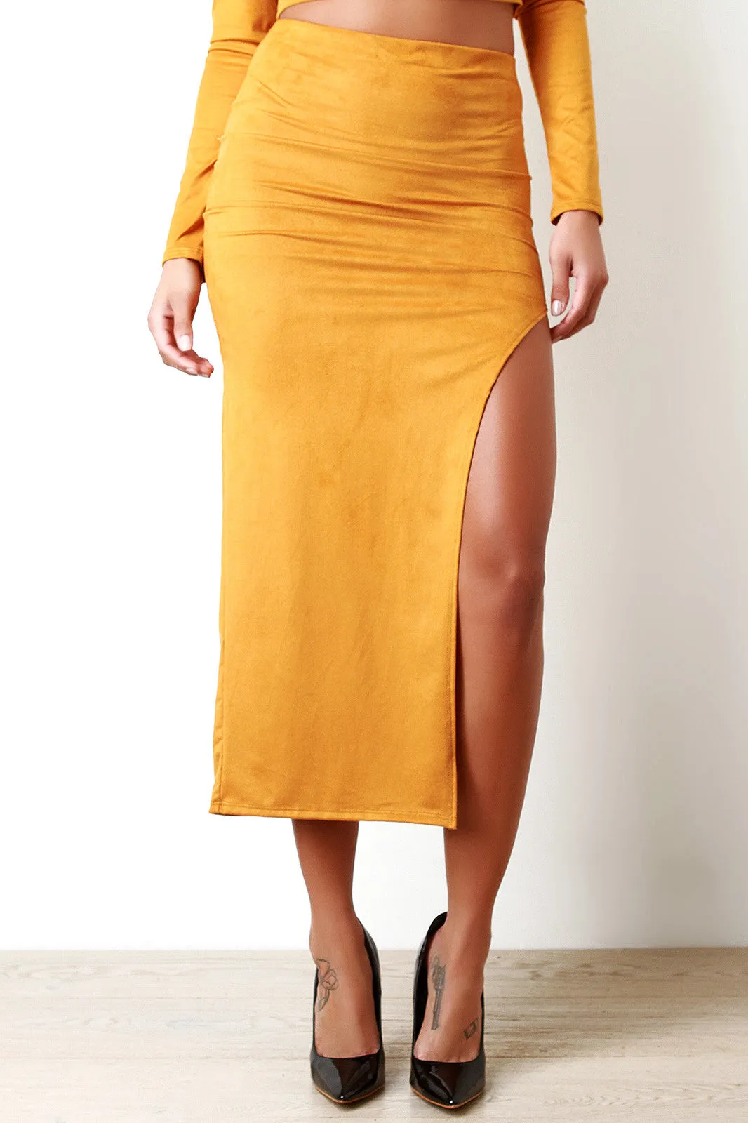 Vegan Suede Side Slit High Waist Skirt