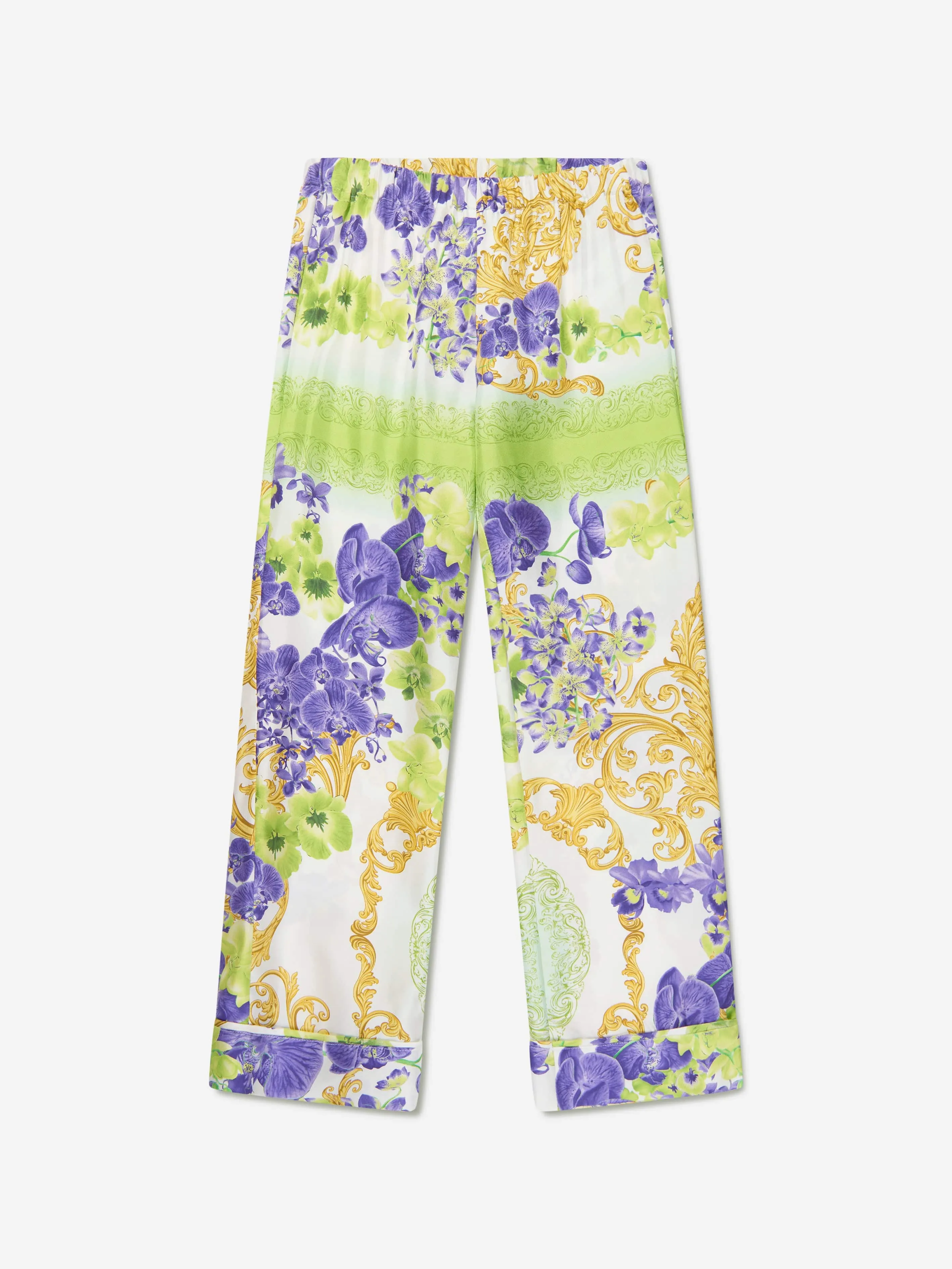 Versace Girls Silk Orchid Print Trousers in White