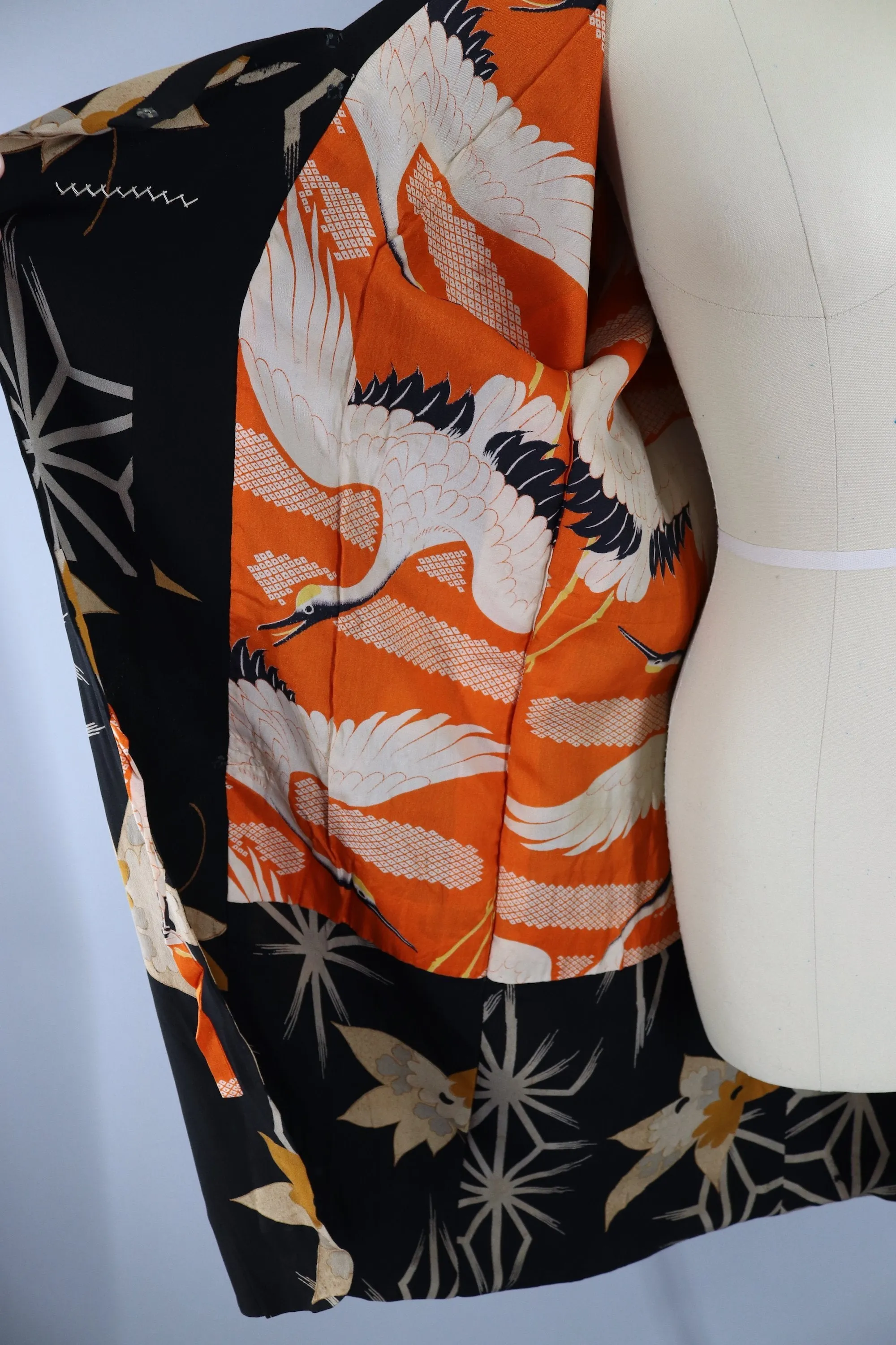 Vintage 1920s Silk Michiyuki Kimono Jacket / Black & Orange Floral Print