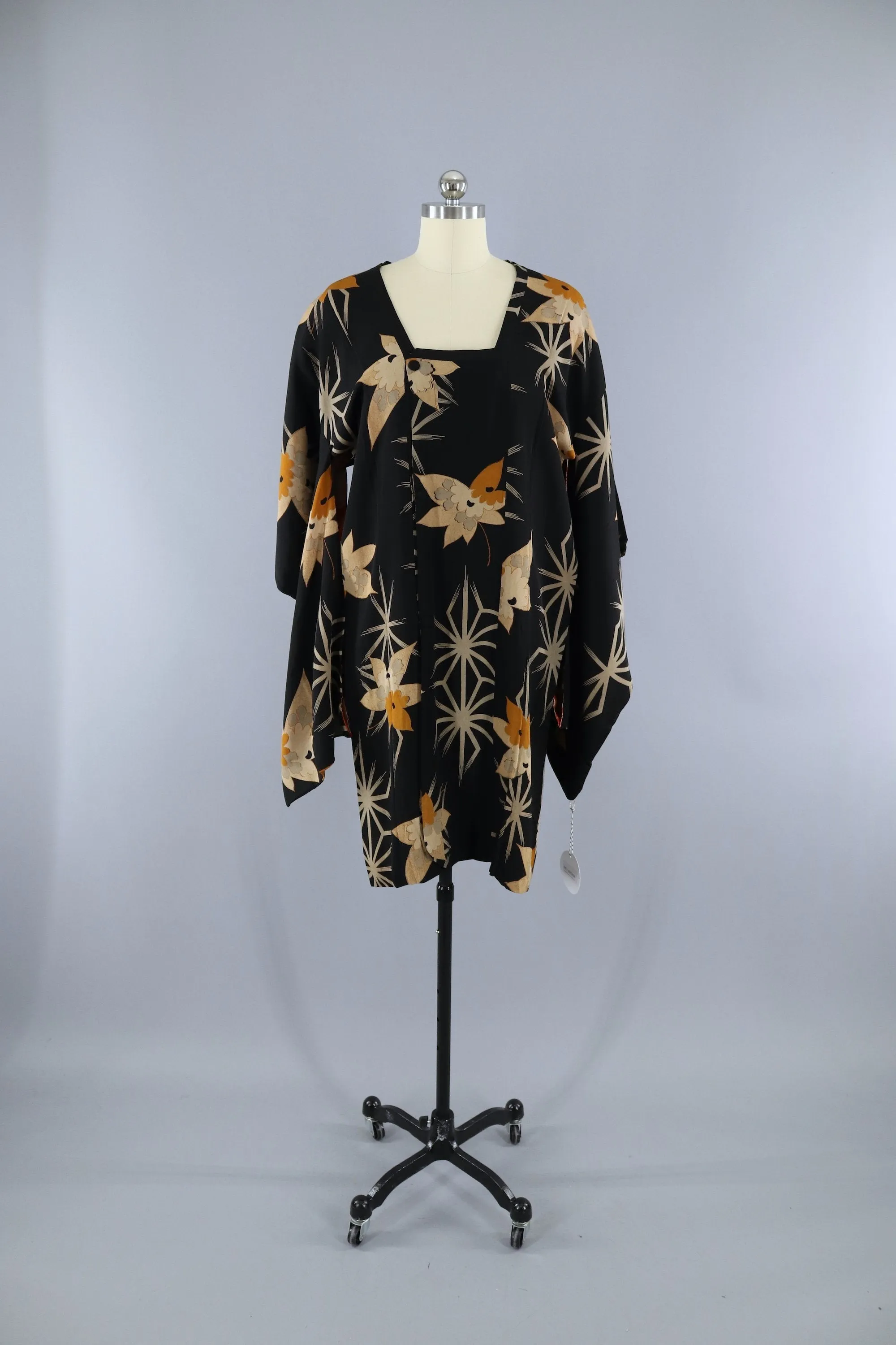 Vintage 1920s Silk Michiyuki Kimono Jacket / Black & Orange Floral Print