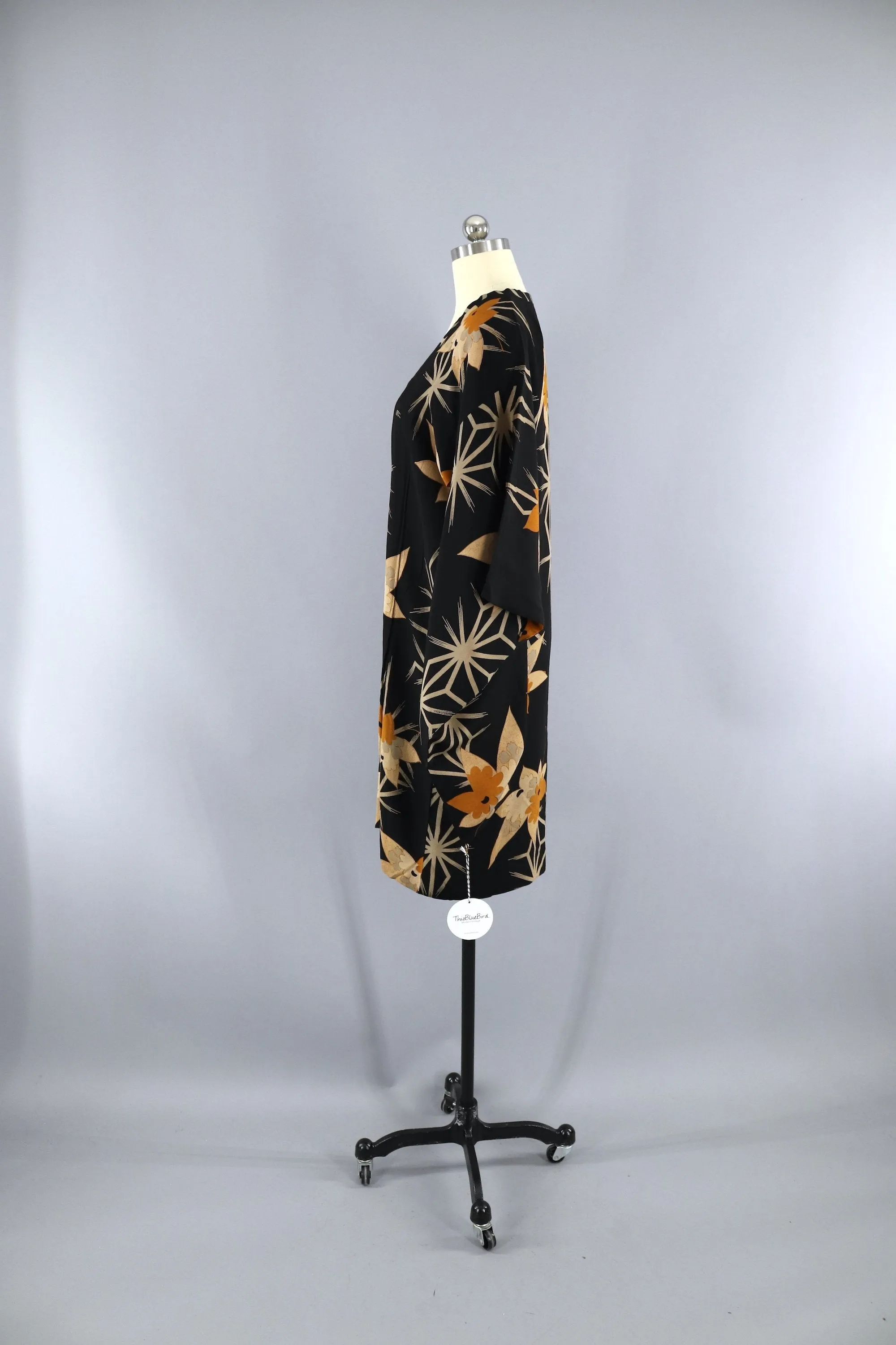 Vintage 1920s Silk Michiyuki Kimono Jacket / Black & Orange Floral Print