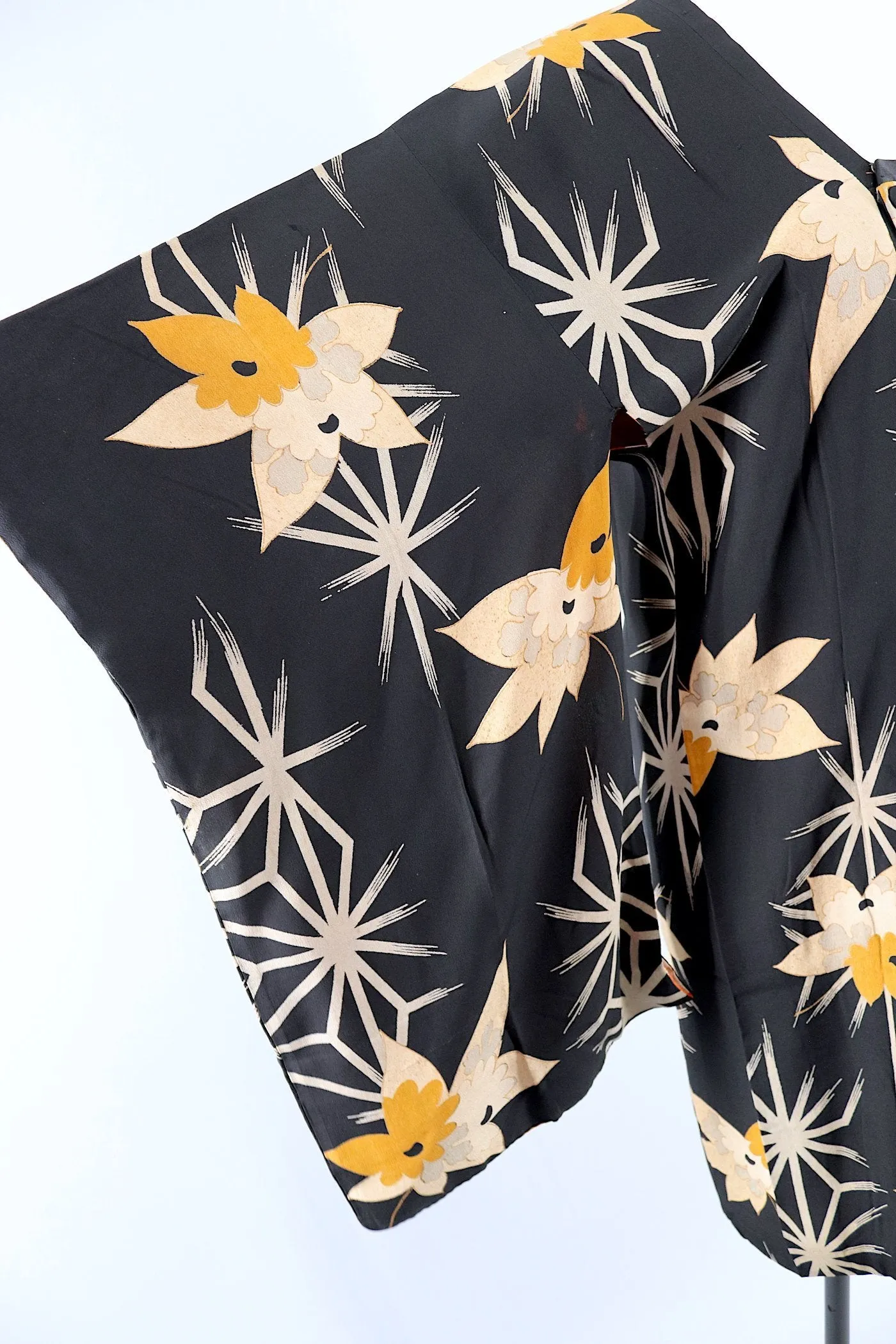 Vintage 1920s Silk Michiyuki Kimono Jacket / Black & Orange Floral Print