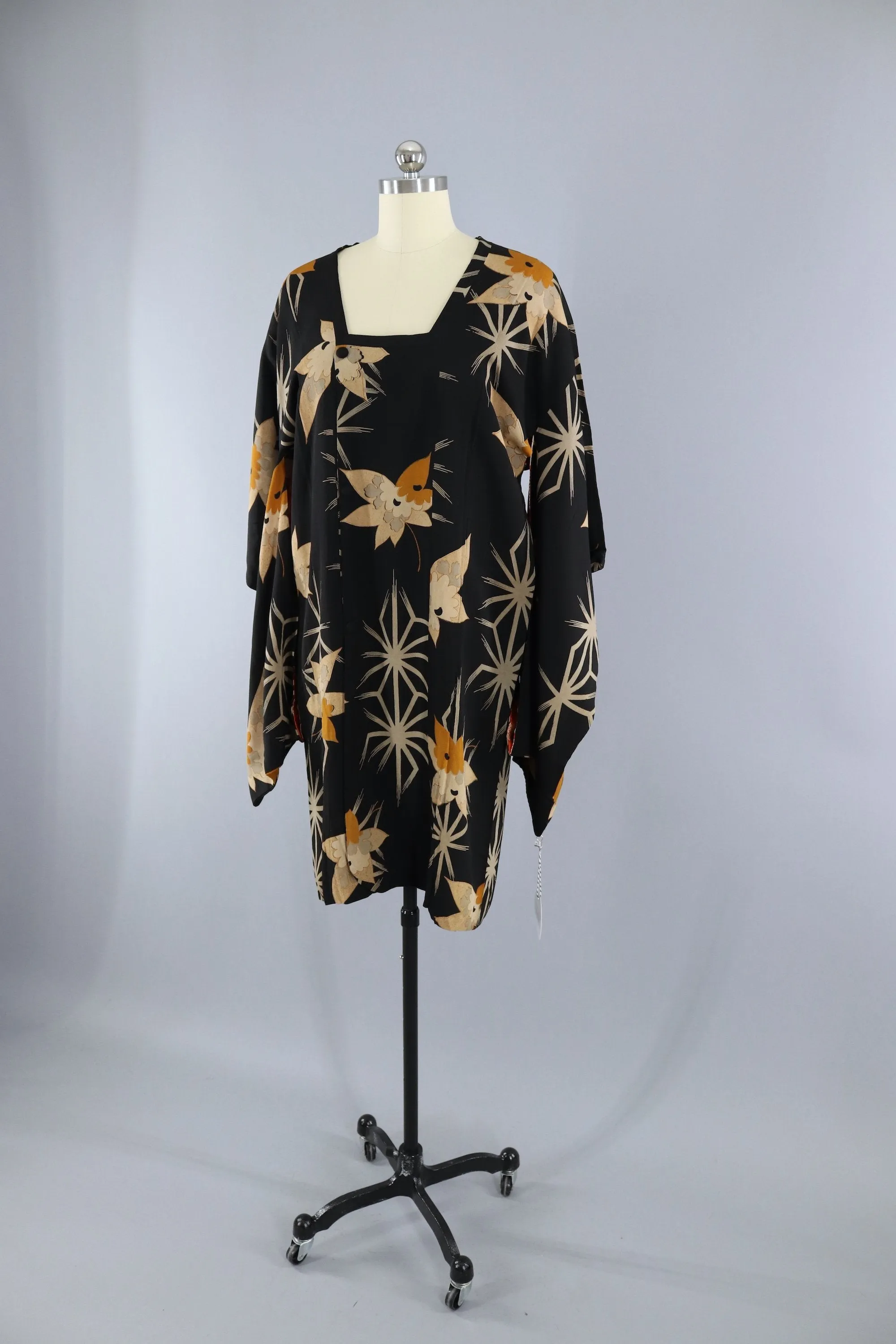 Vintage 1920s Silk Michiyuki Kimono Jacket / Black & Orange Floral Print