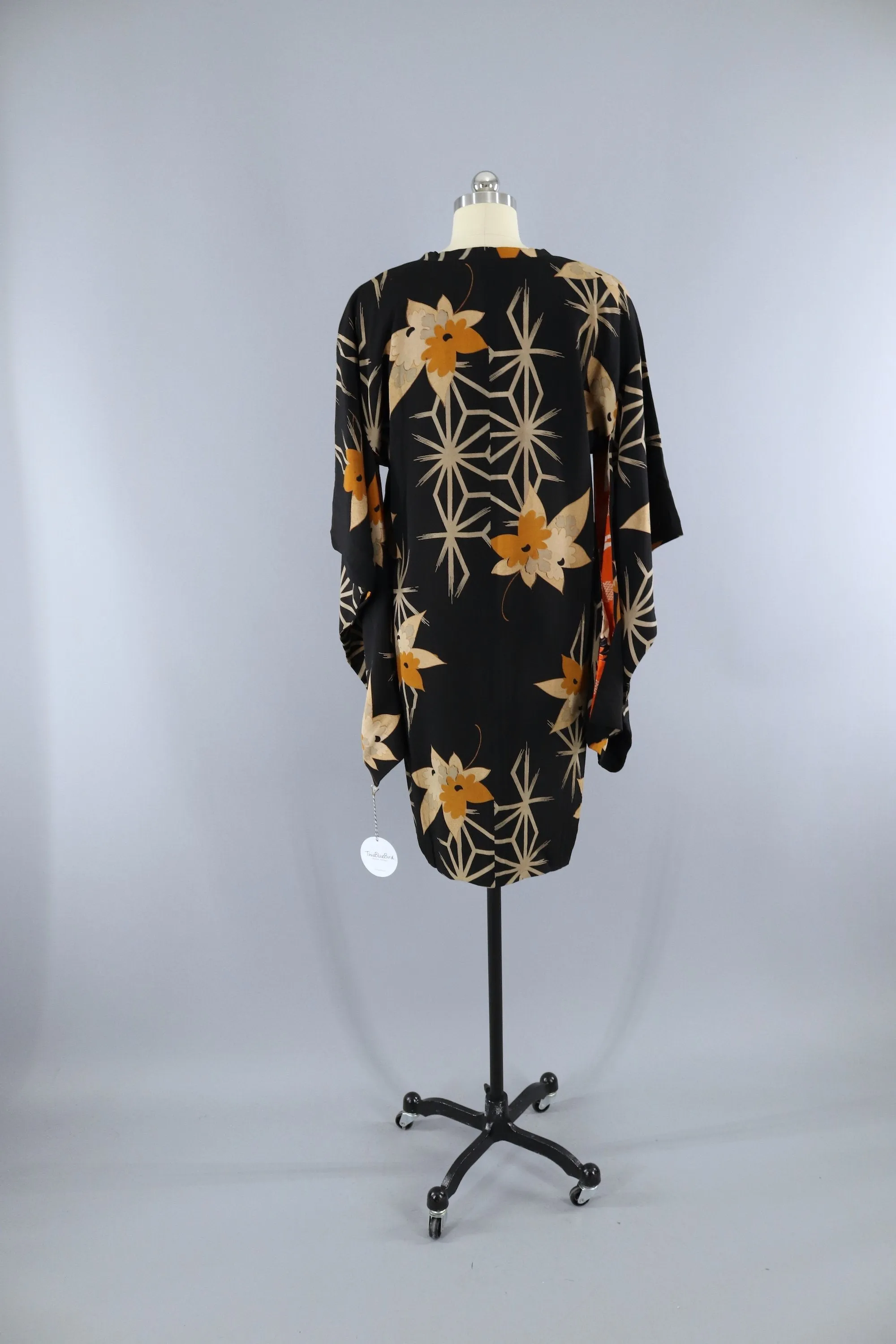 Vintage 1920s Silk Michiyuki Kimono Jacket / Black & Orange Floral Print