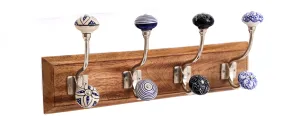 Wall Mounted Coat Hooks,Wood & 8 Ceramic Hooks,Blue/Black (HH5634-2)