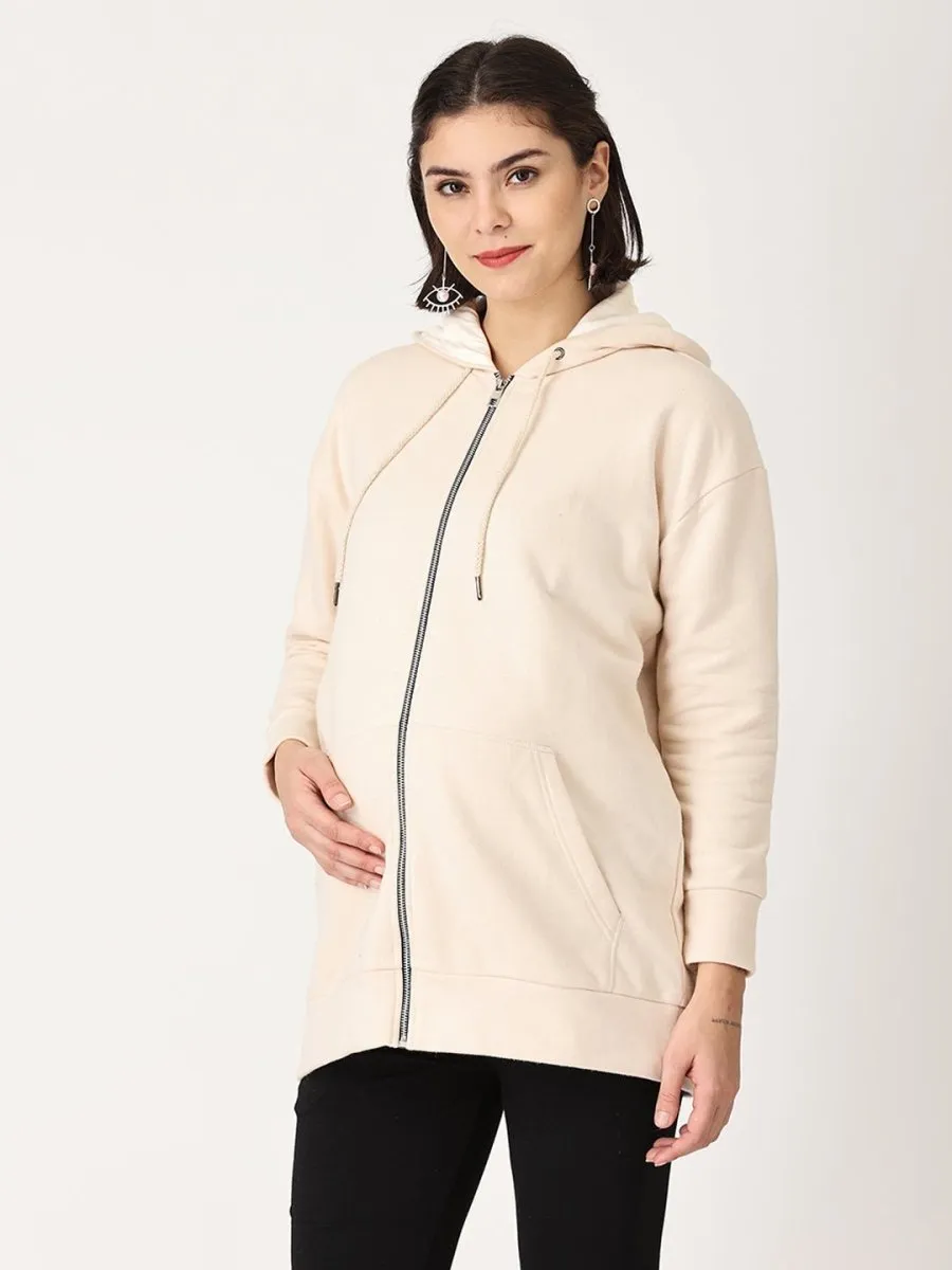 Whispering Cream Oversized Maternity Zipper Hoodie