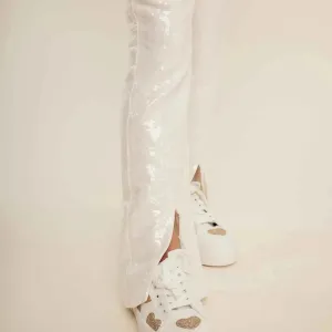 White Sequin Pants with Split Detail