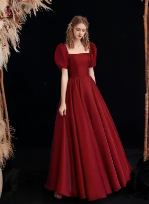 Wine Red Satin Long Prom Dress, A-line Off Shoulder Formal Dress