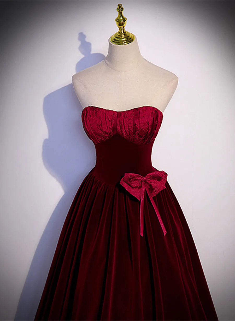 Wine Red Sweetheart Velvet Long Party Dress, A-line Wine Red Prom Dress