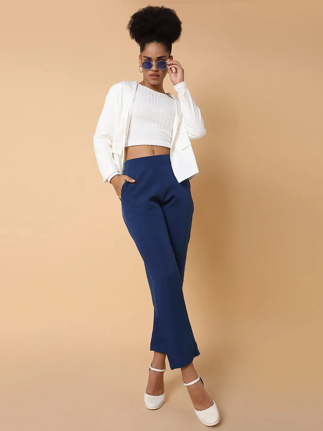 Women Flat Front Solid Blue Formal Trousers