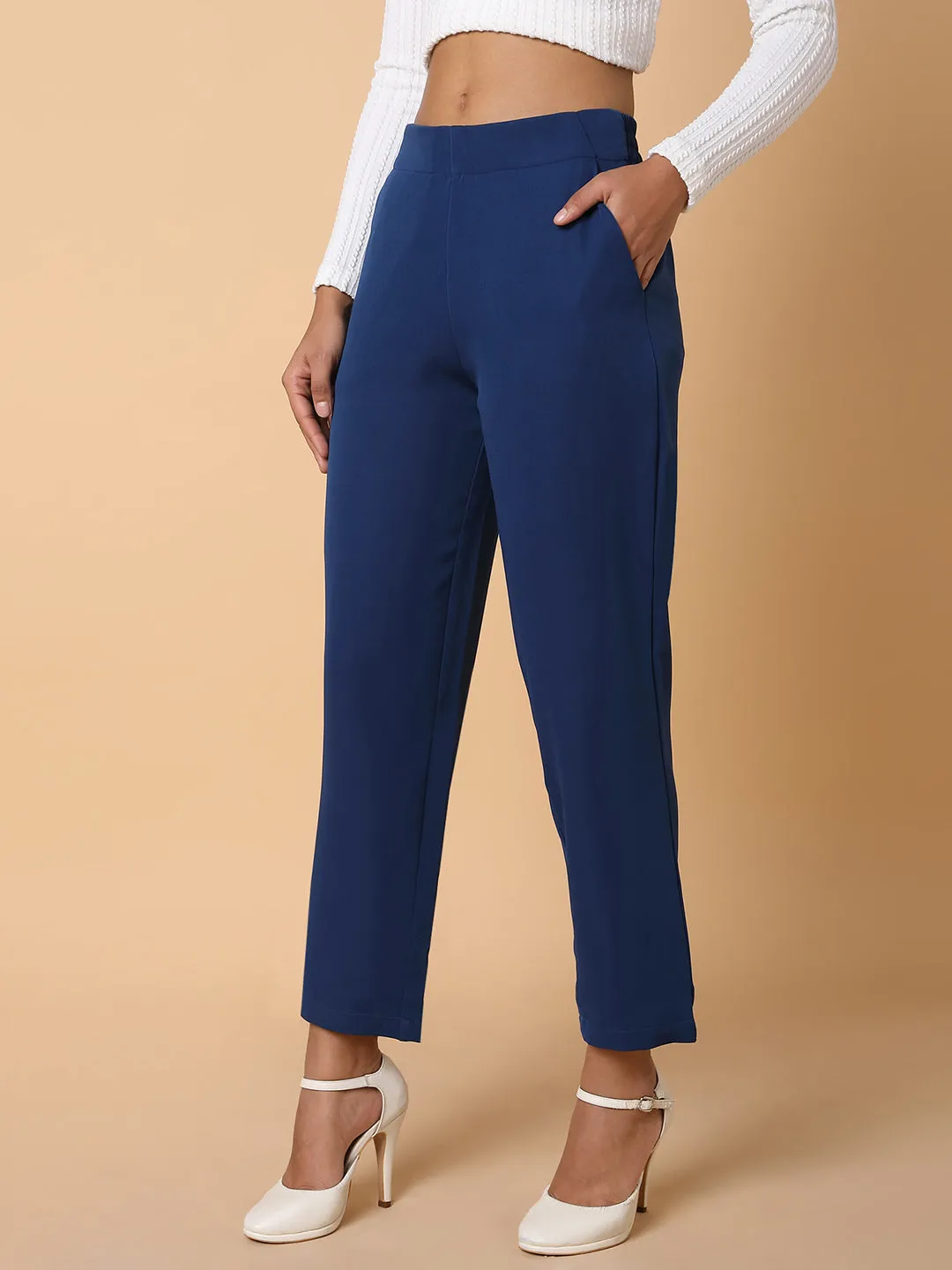 Women Flat Front Solid Blue Formal Trousers