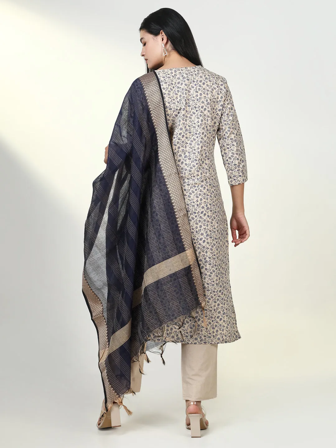 Women Floral Beige Kurta Set with Dupatta