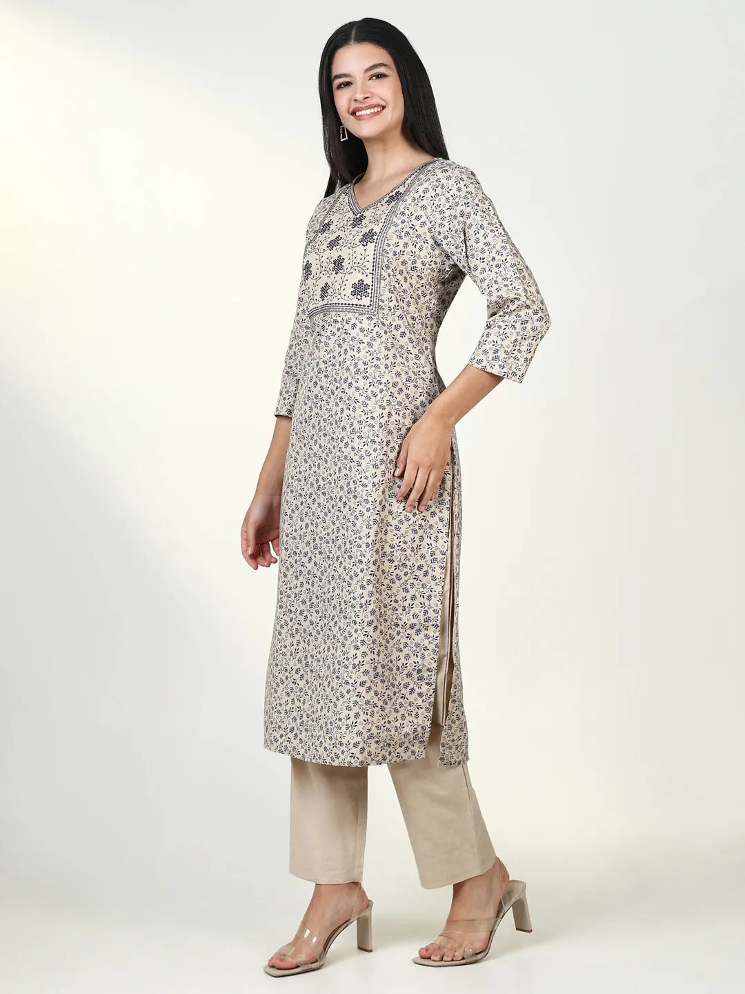 Women Floral Beige Kurta Set with Dupatta