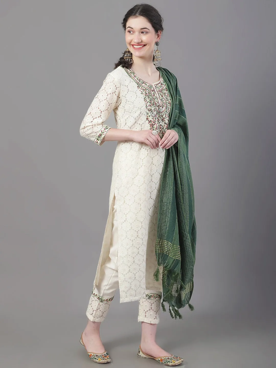 Women Floral Embroidered Mirror Work Pure Cotton Kurta With Trousers & Dupatta