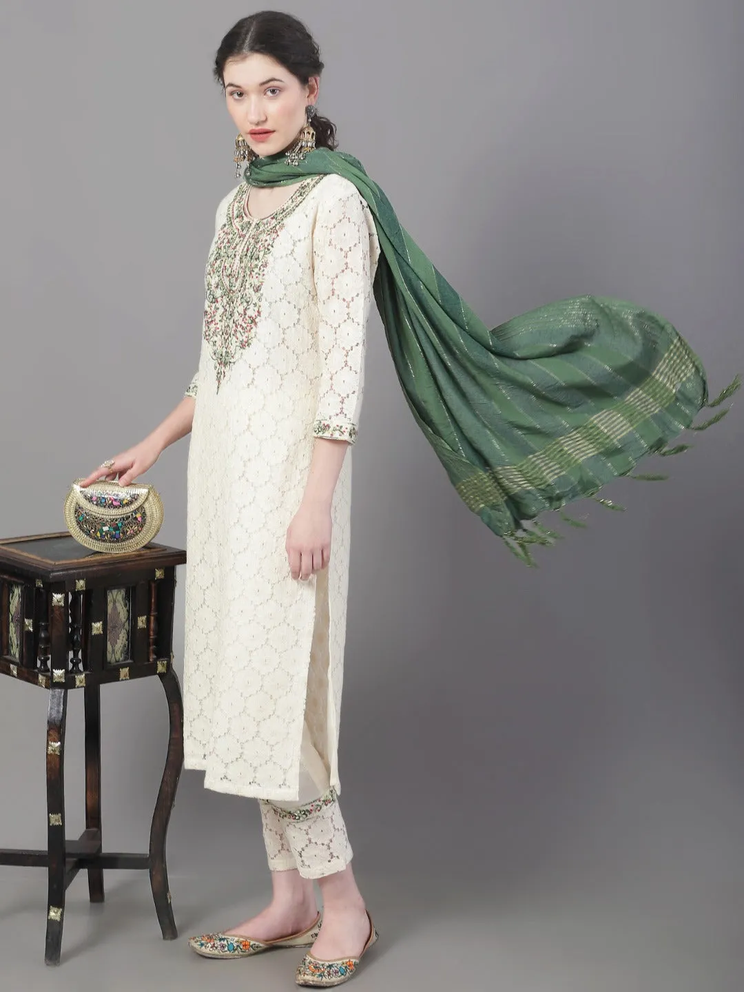 Women Floral Embroidered Mirror Work Pure Cotton Kurta With Trousers & Dupatta