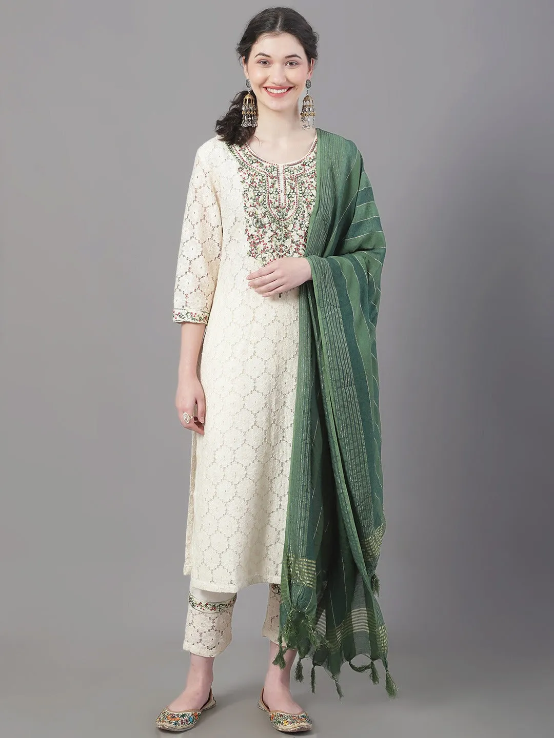 Women Floral Embroidered Mirror Work Pure Cotton Kurta With Trousers & Dupatta