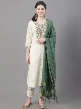 Women Floral Embroidered Mirror Work Pure Cotton Kurta With Trousers & Dupatta