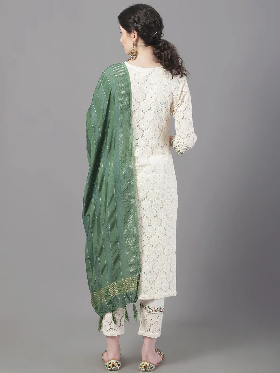 Women Floral Embroidered Mirror Work Pure Cotton Kurta With Trousers & Dupatta