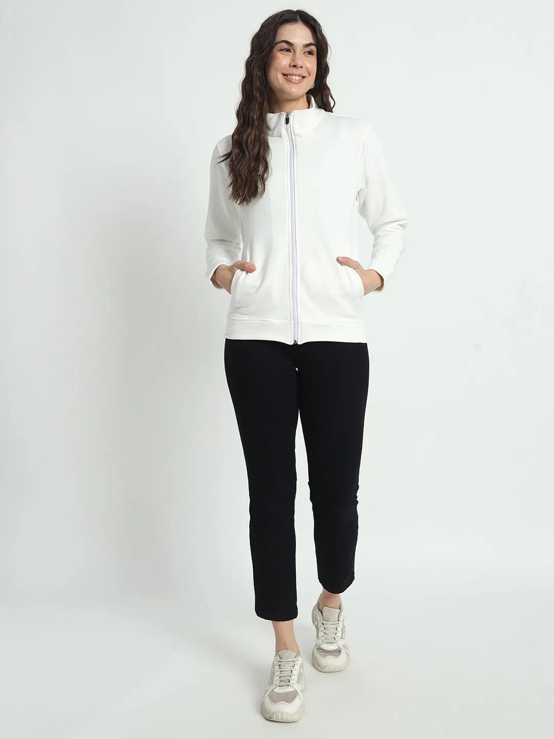 Women Mock Collar White Bomber Jacket